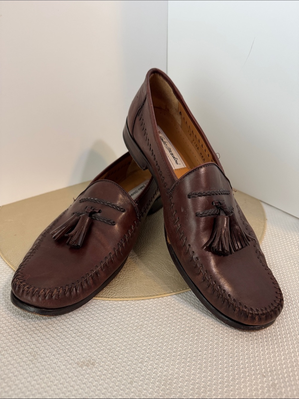Brown leather tassel loafers With stitching, designer size 10 B